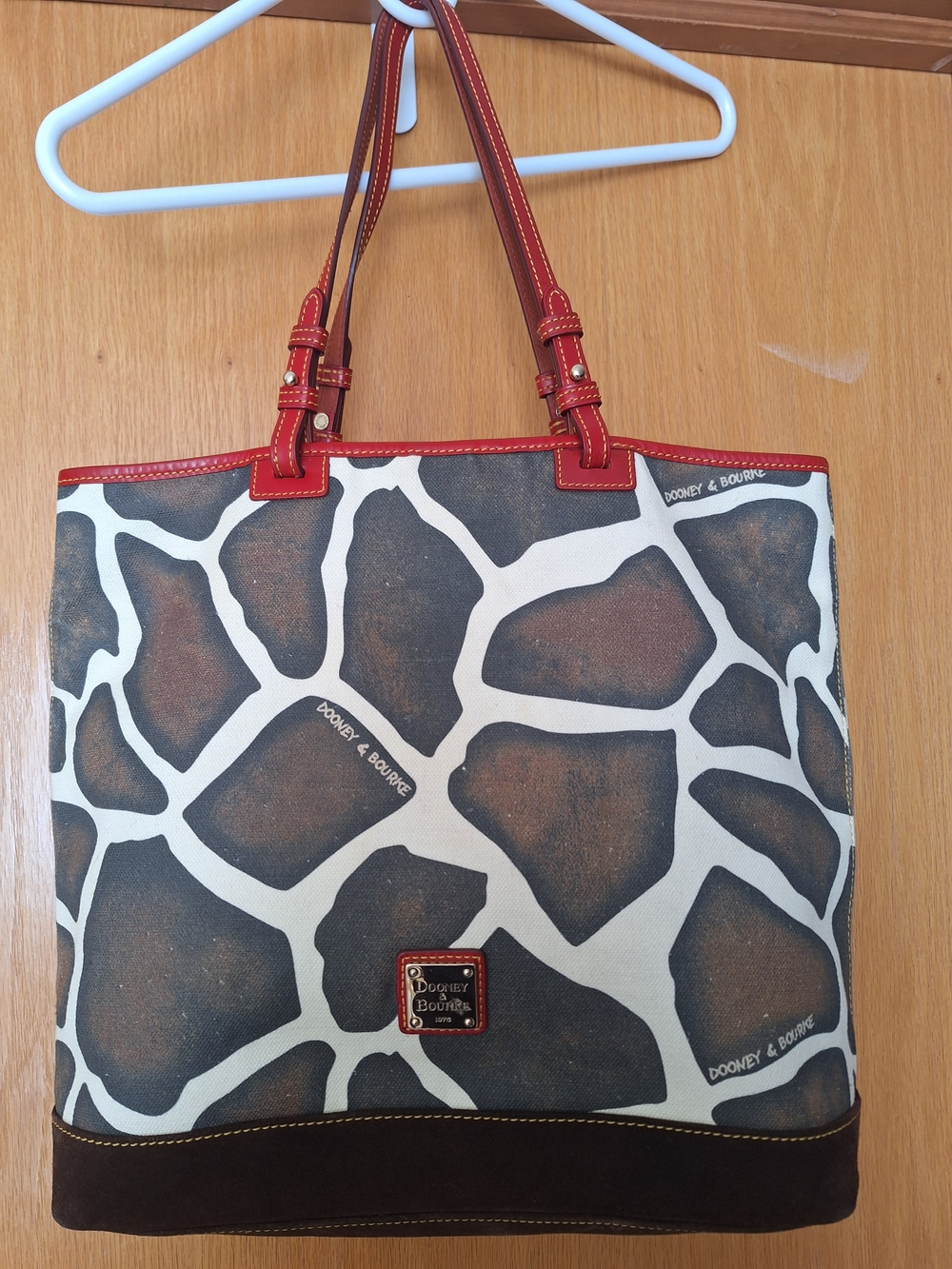 Dooney & Bourke Brown and White Giraffe-Print Tote Laptop Bag with Red Trim